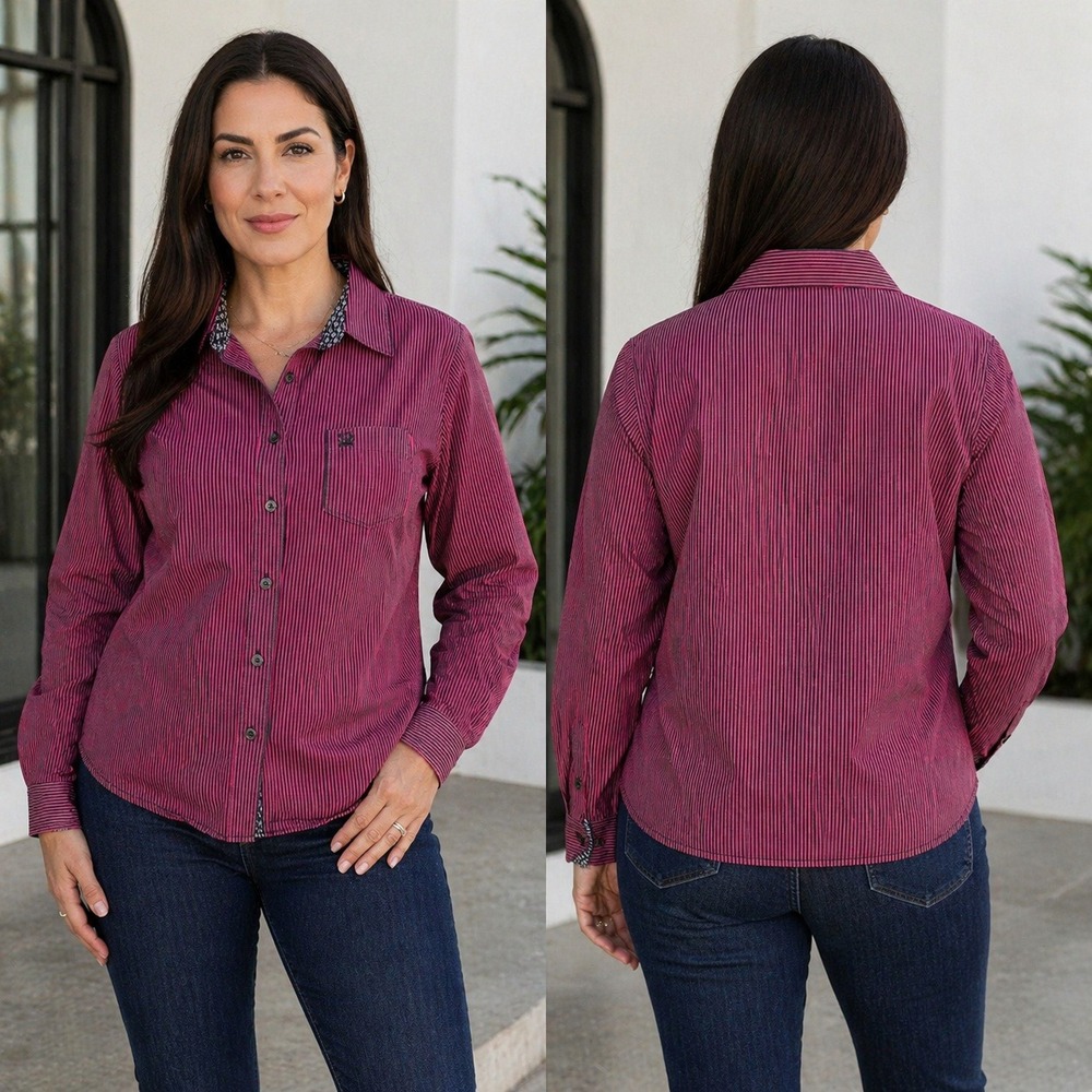 Cinch Womens XL Western Button Down Shirt Pink Black Striped Cotton MSW9164131